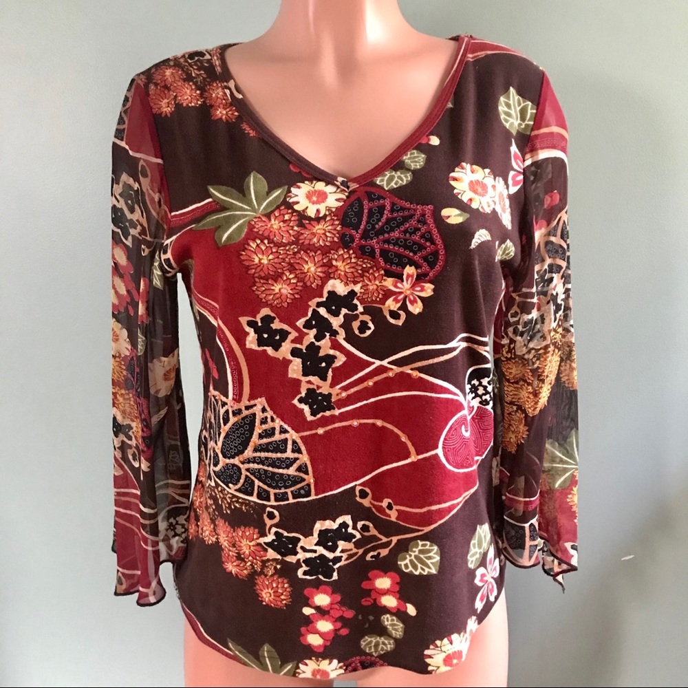 Teas Sheer Bell Sleeve Embellished Fall Top MD